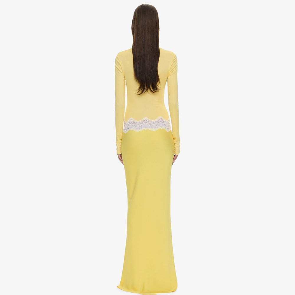 Yellow Long-Sleeve Keyhole Lace Dress Premium Fabric - product view 3