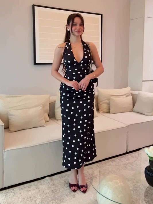 black Polka Dot Halter-Neck Sleeveless Waist-Cinching Dress