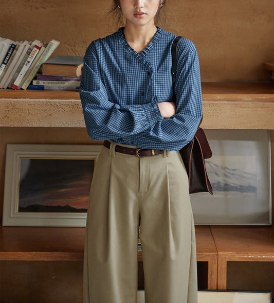 navy blue plaid V-neck ruffled long-sleeve shirt