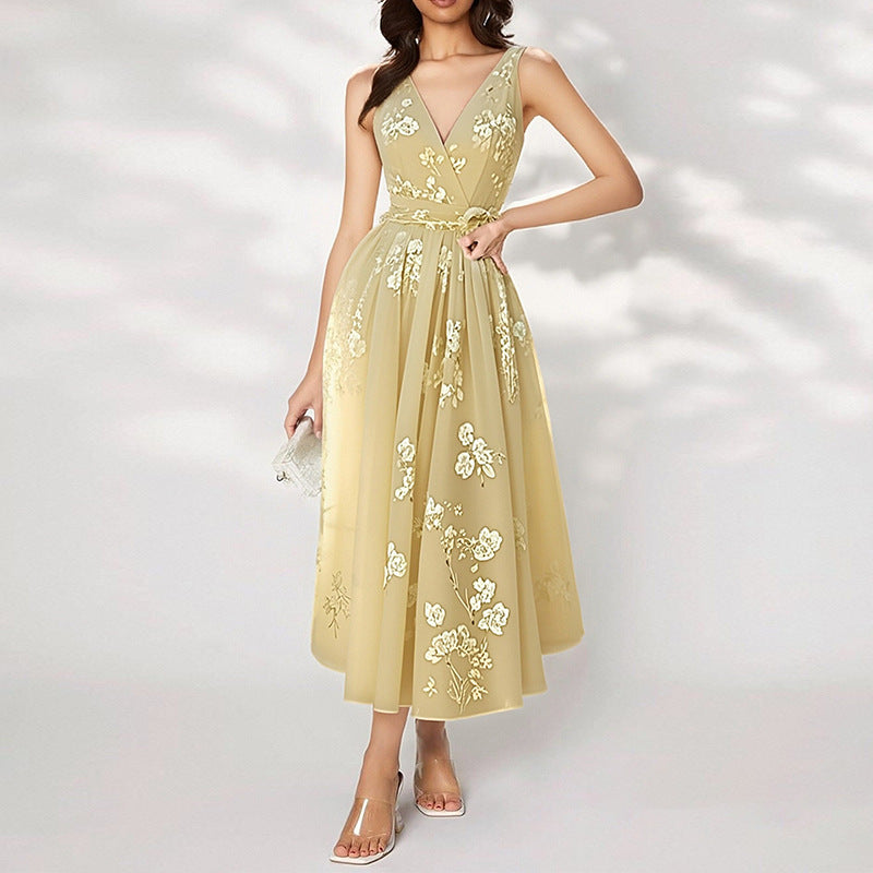 yellow V-Neck Print Lace-up Sleeveless Dress