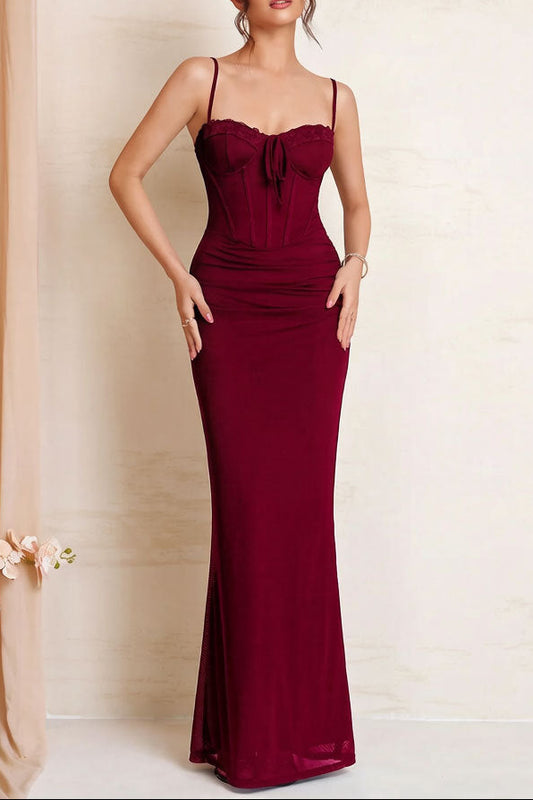 red wine suspender mesh lace patchwork lace-up pleated dress