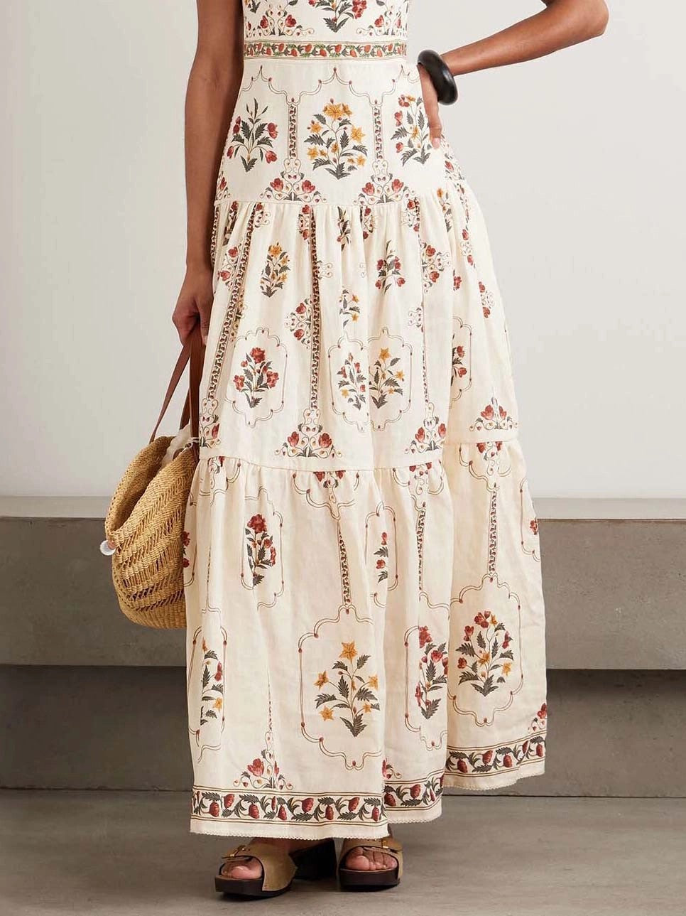 Bohemian square neck floral Print maxi dress - beige