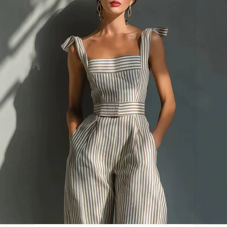 striped spaghetti strap pocket jumpsuit