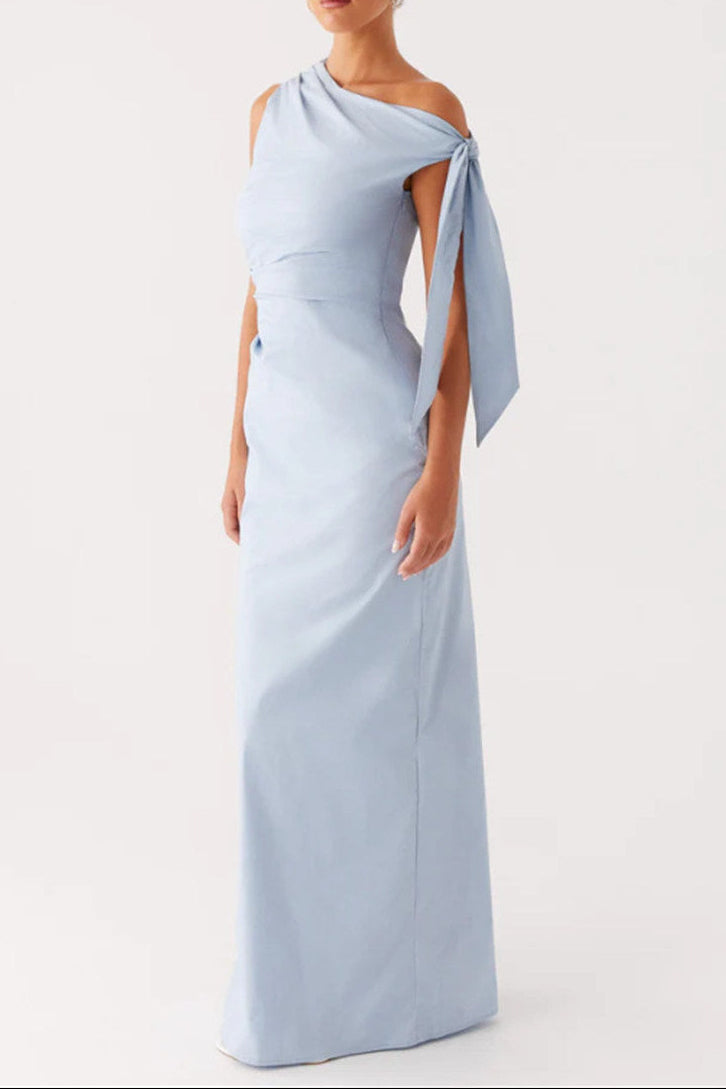 one shoulder lace-up bow slim dress blue