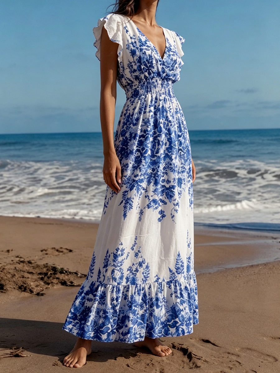 Blue-White Porcelain Print V-Neck Maxi Dress