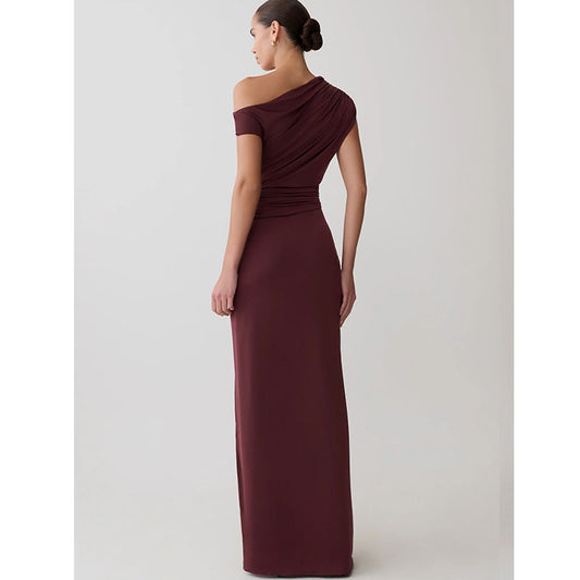 Pleated High Slit Slanted Shoulder Dress
