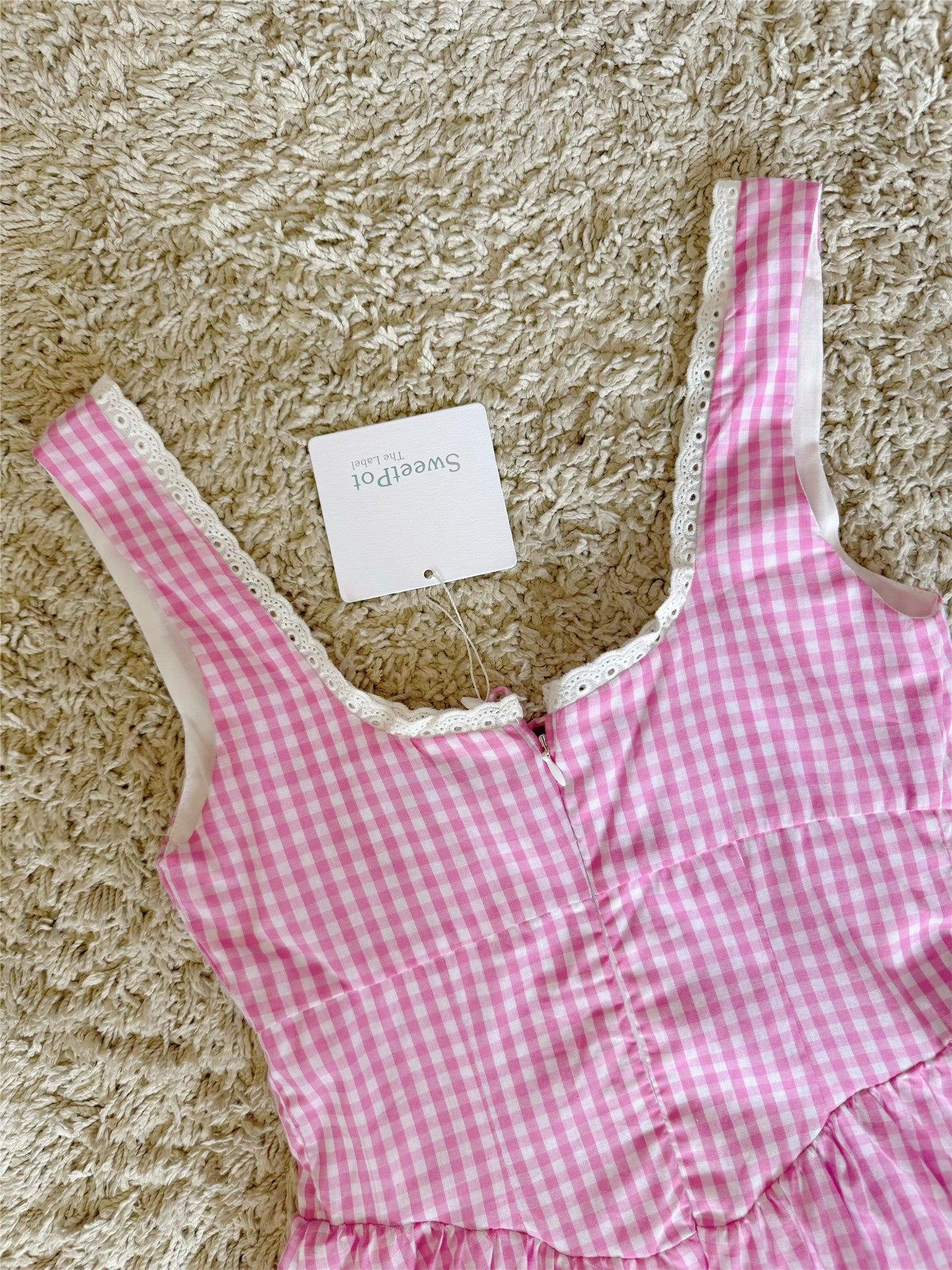 plaid wave lace tie waist-cinching cotton dress