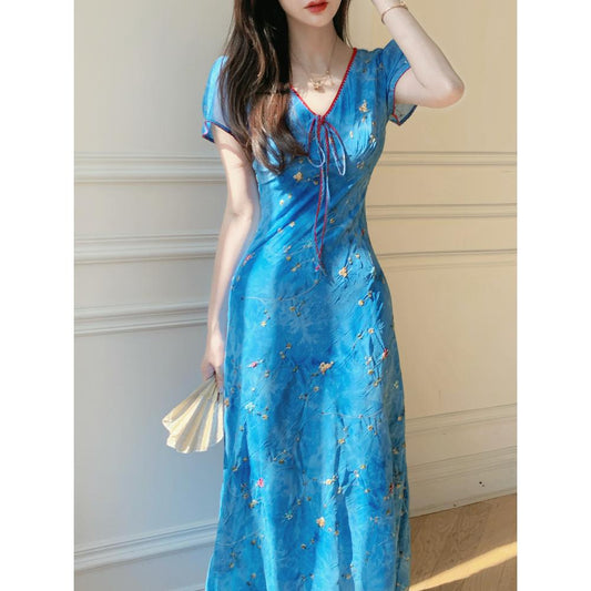lesley v-neck floral Printed Embroidery maxi dress - blue