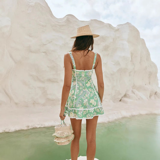 green linen sleeveless camisole lace dress