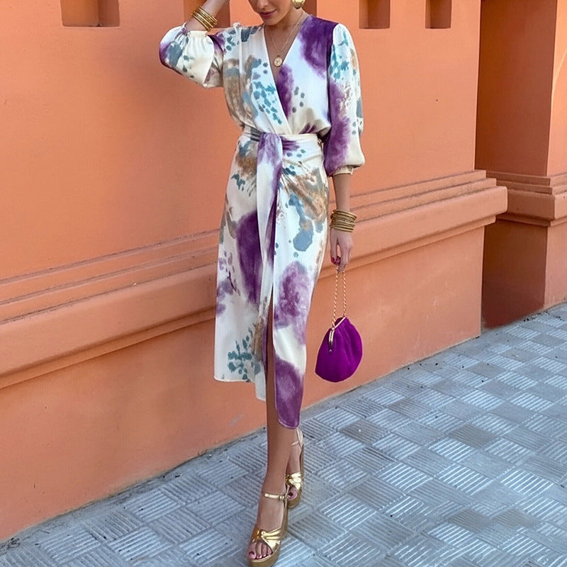 purple print V-neck puff sleeve waist skirt set