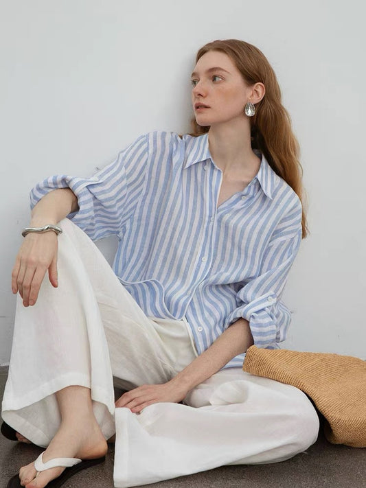blue and white Linen-Dyed Relaxed Silhouette Striped Shirt