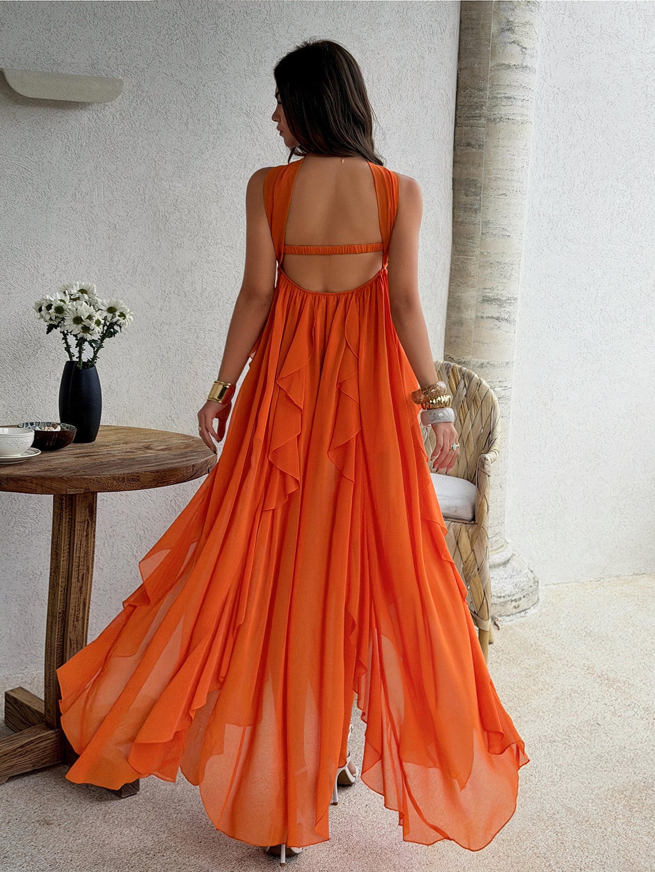 orange bandeau layered ruffled dress