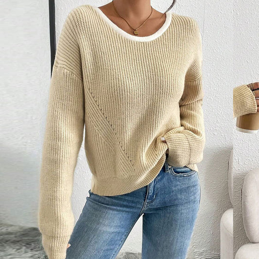 Relaxed Fit Ribbed Knit Sweater with Contrast Trim Crew Neck Premium Fabric - product view 1
