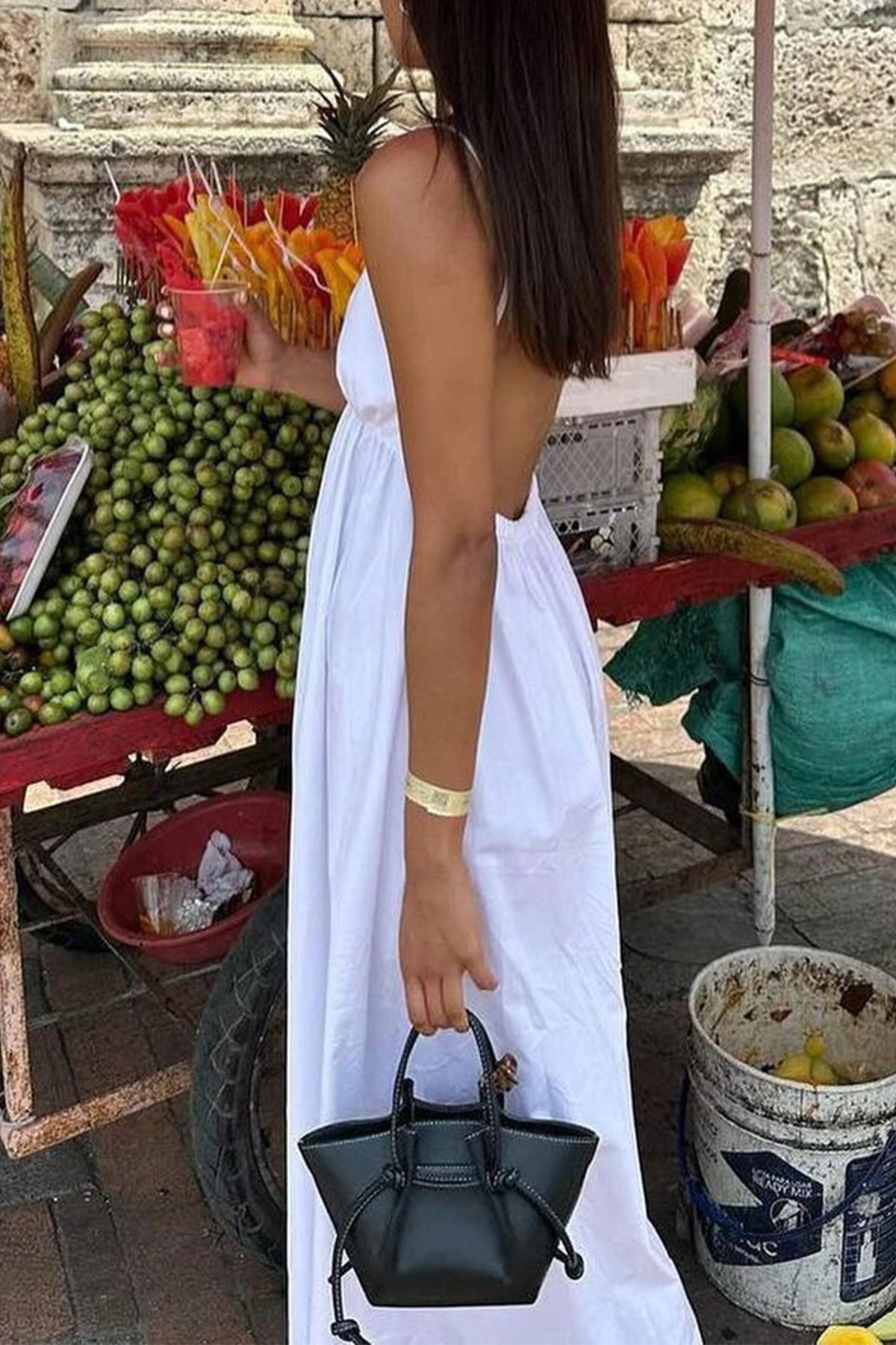 white suspender deep V high-waisted loose dress