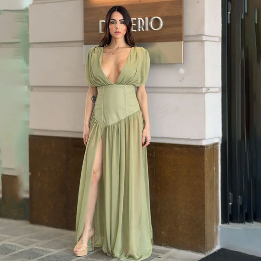 green pleated V-neck sleeveless asymmetrical dress