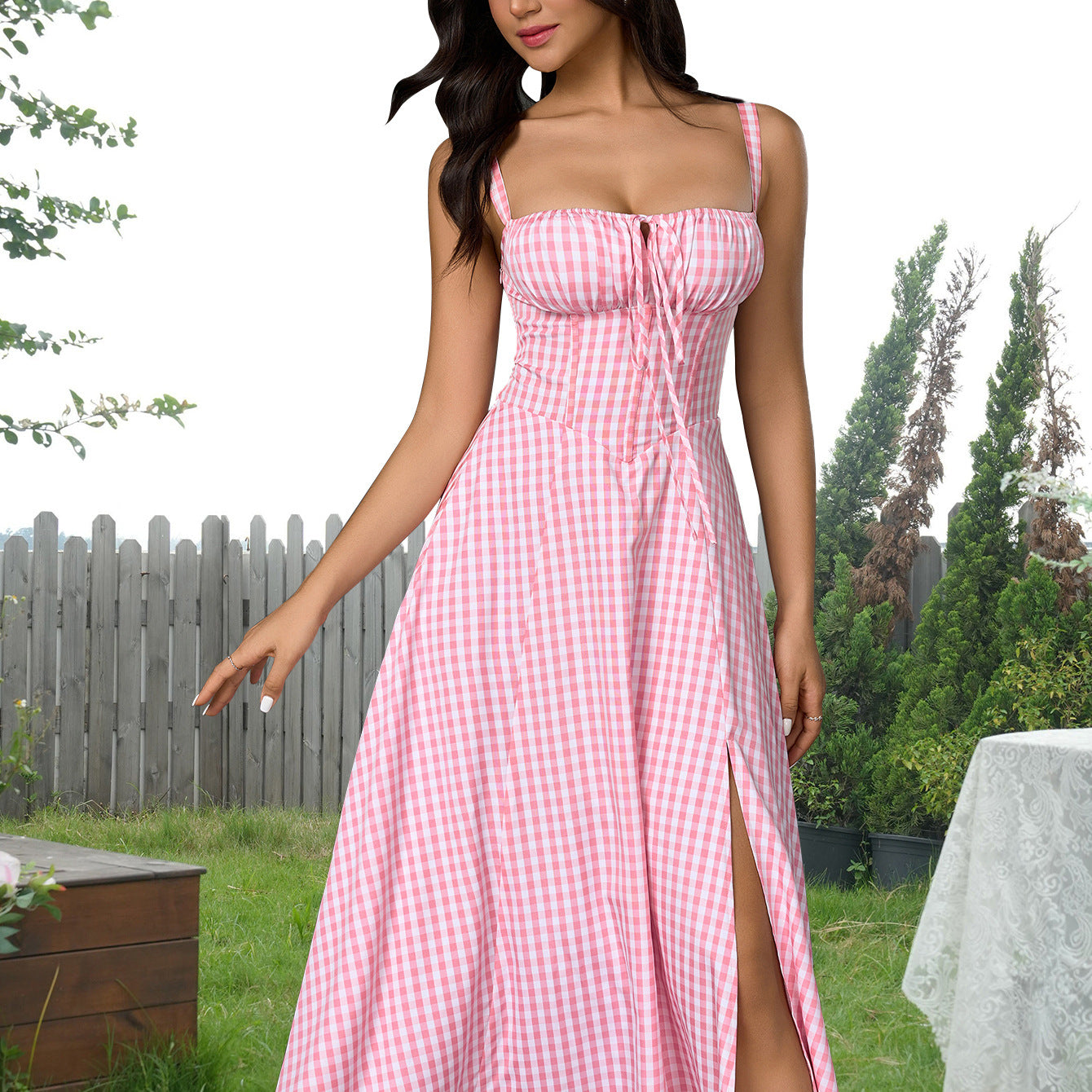 pink plaid herringbone slip slit backless chest tie long dress
