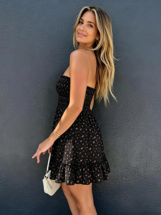 multi-color strapless ruffled hem mini dress