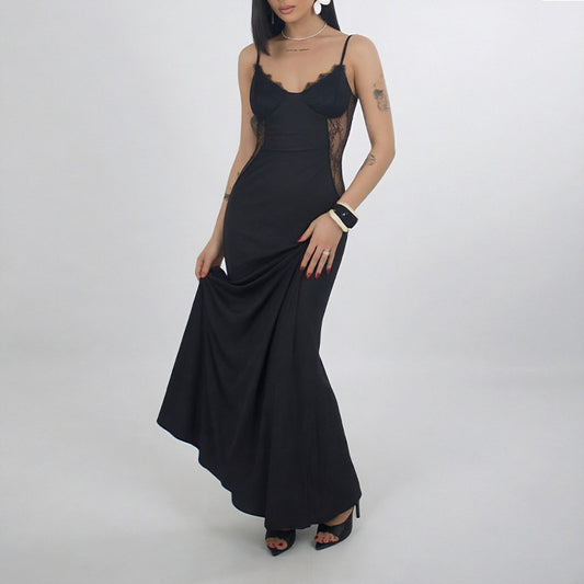black Lace Suspender Waist Slim Dress