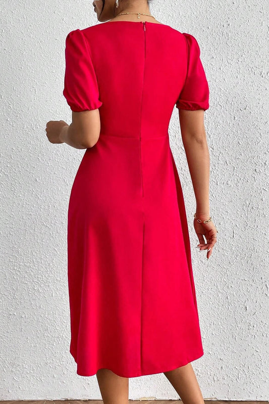 Red square-neck puff-sleeved pleated A-line midi dress
