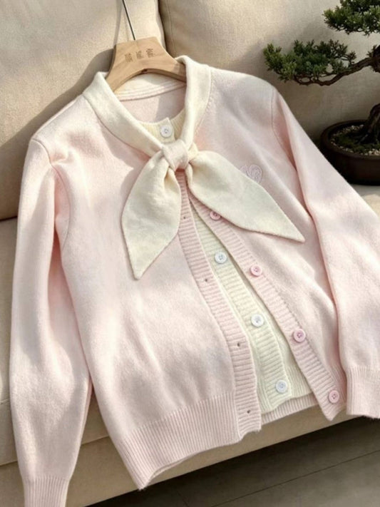 Faux-layered Bow Tie Cardigan