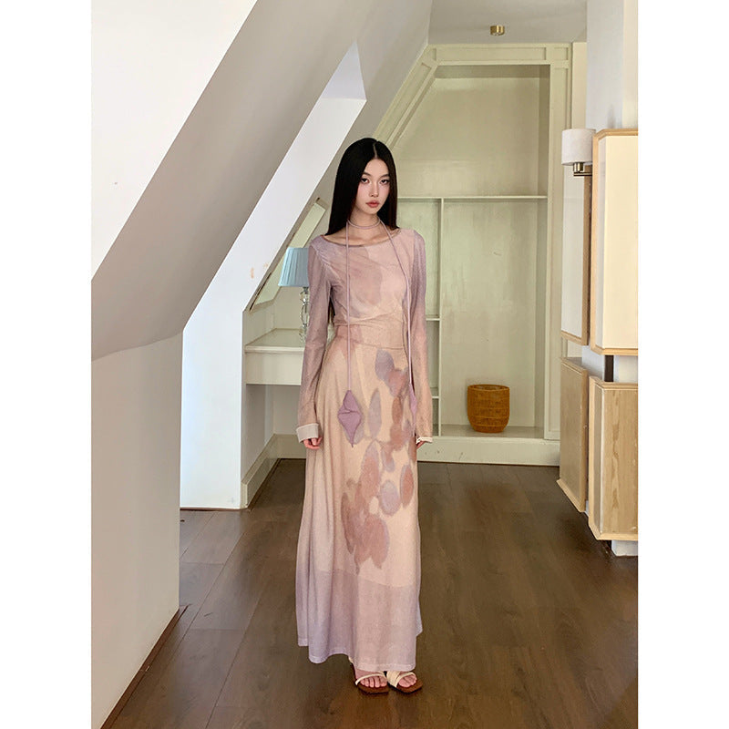 Mesh floral Print Long-Sleeve maxi Dress