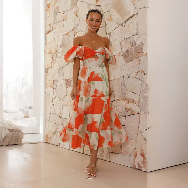 Printed puff-sleeve maxi dress with full flared skirt