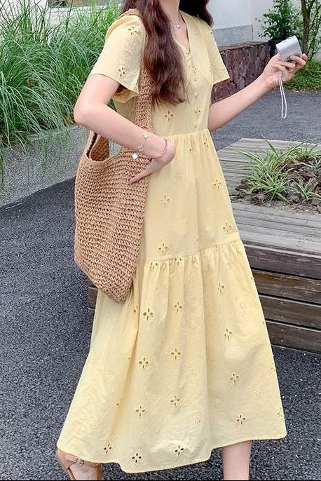 v-neck openwork floral embroidered midi dress - Yellow