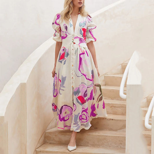 Watercolor Floral Printed Puff Sleeve Button Maxi Dress