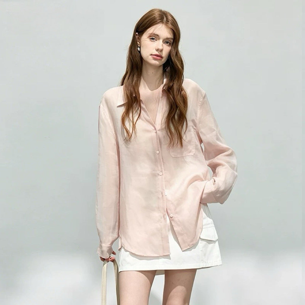 Loose-fitting lapel ramie long-sleeve shirt