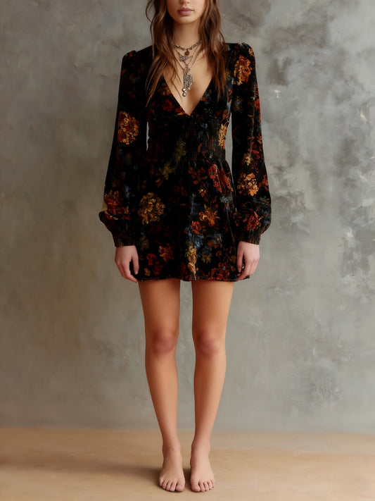 Floral print V-neck velvet mini dress