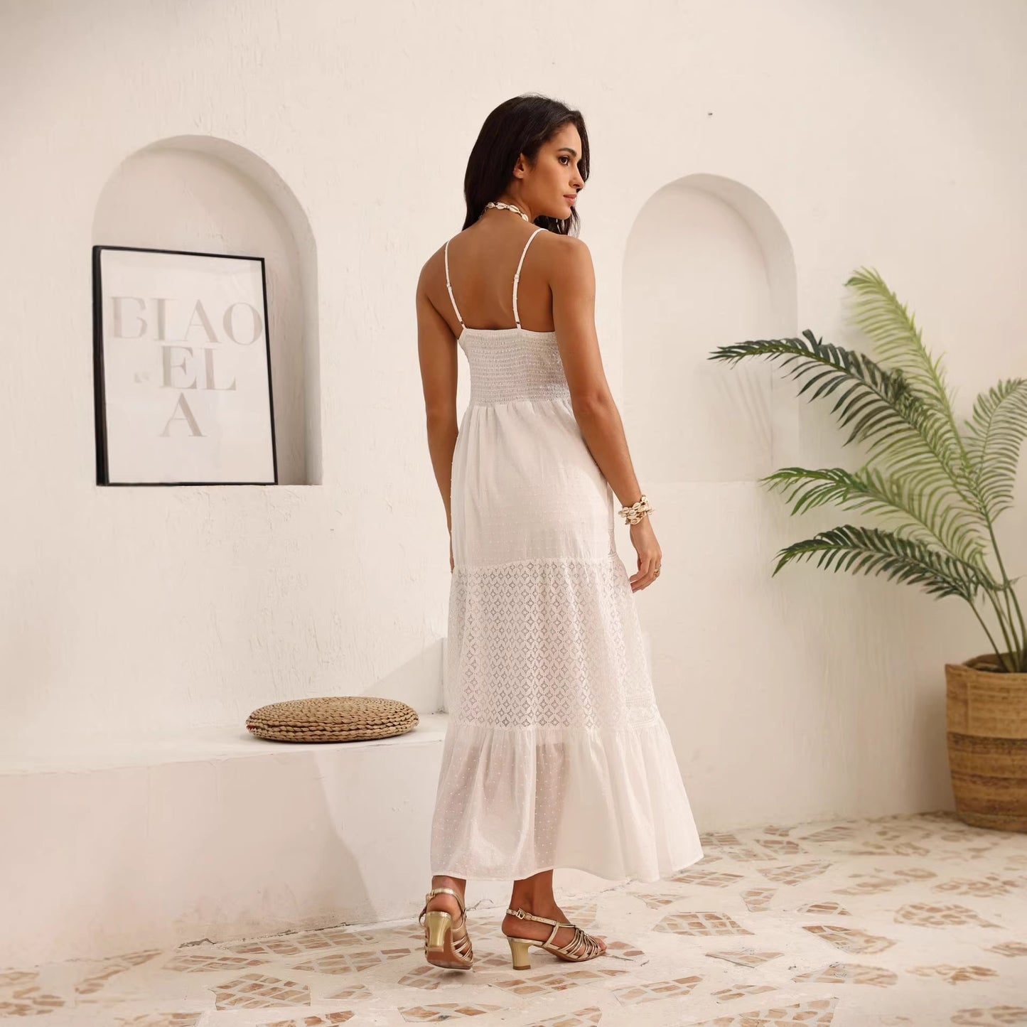 white lace vacation pure cotton slip maxi dress