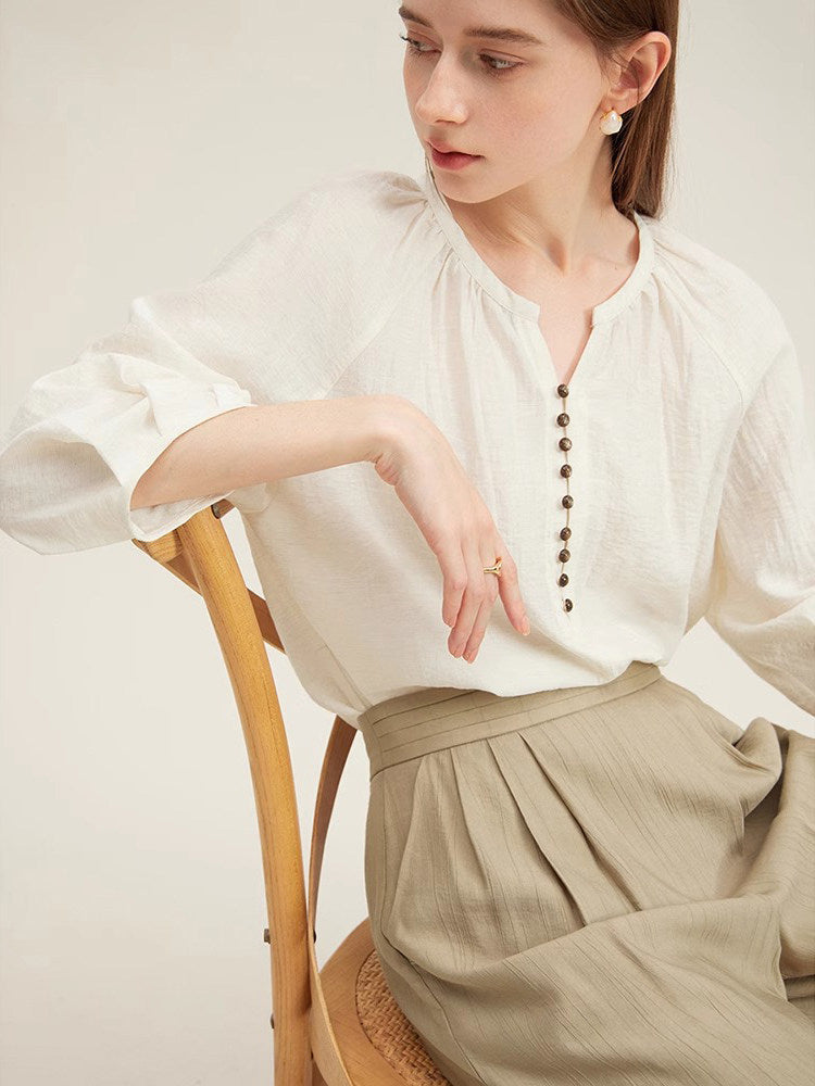 Retro round neck three-quarter sleeve linen shirt