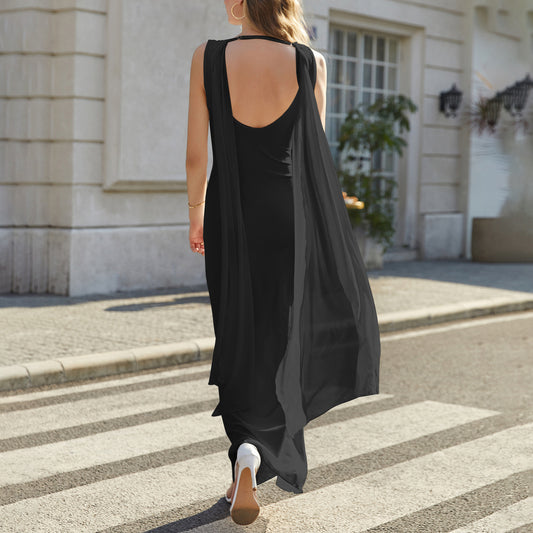 black mesh backless swing neck pleated dress