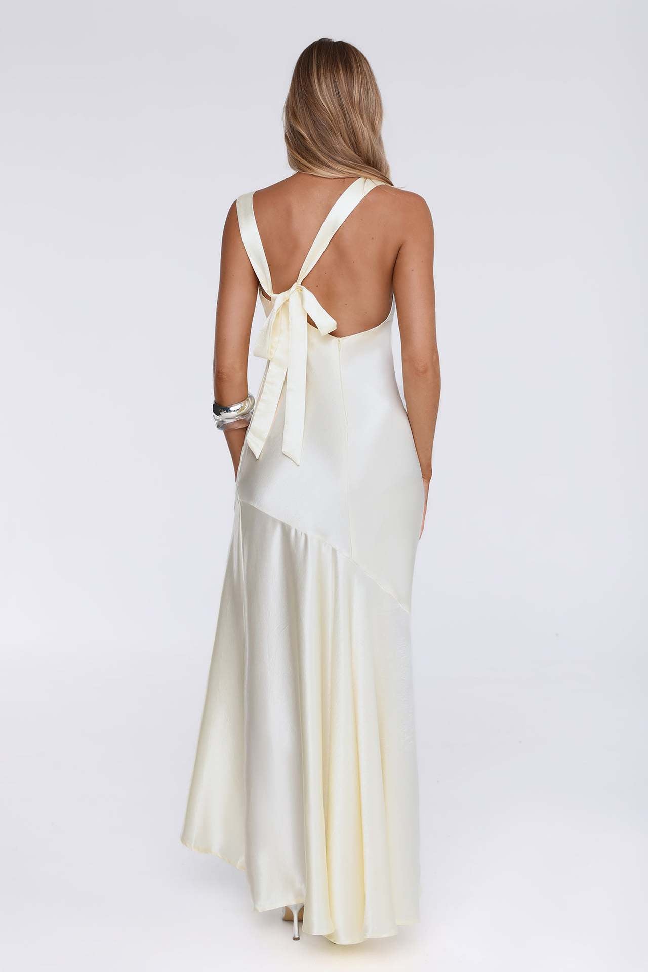 ivory satin fishtail large swing maxi dress