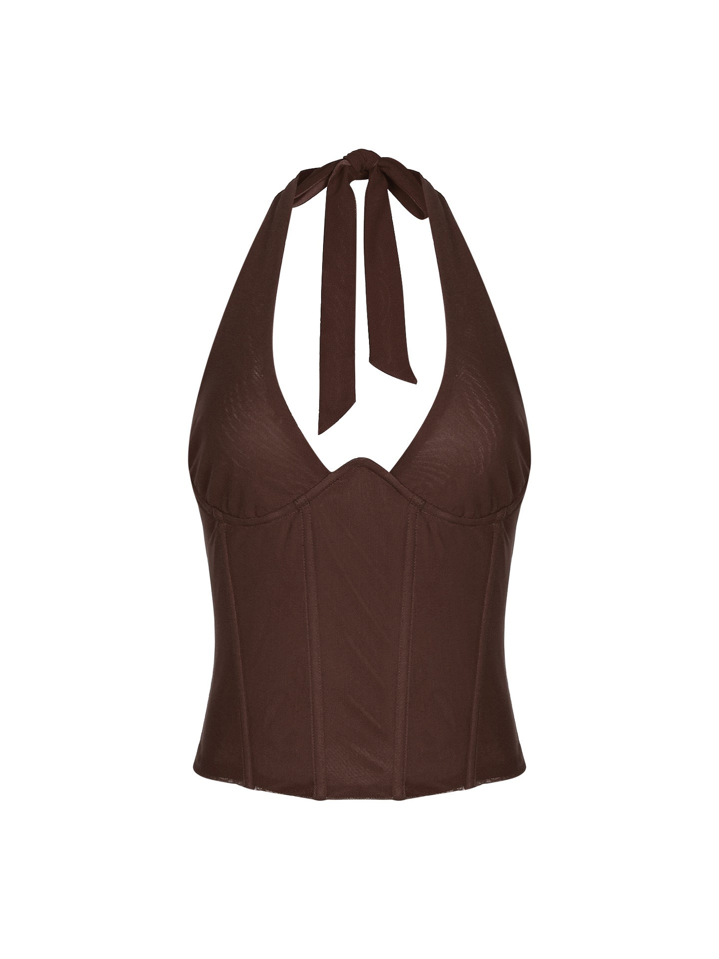 brown halterneck herringbone backless cropped top