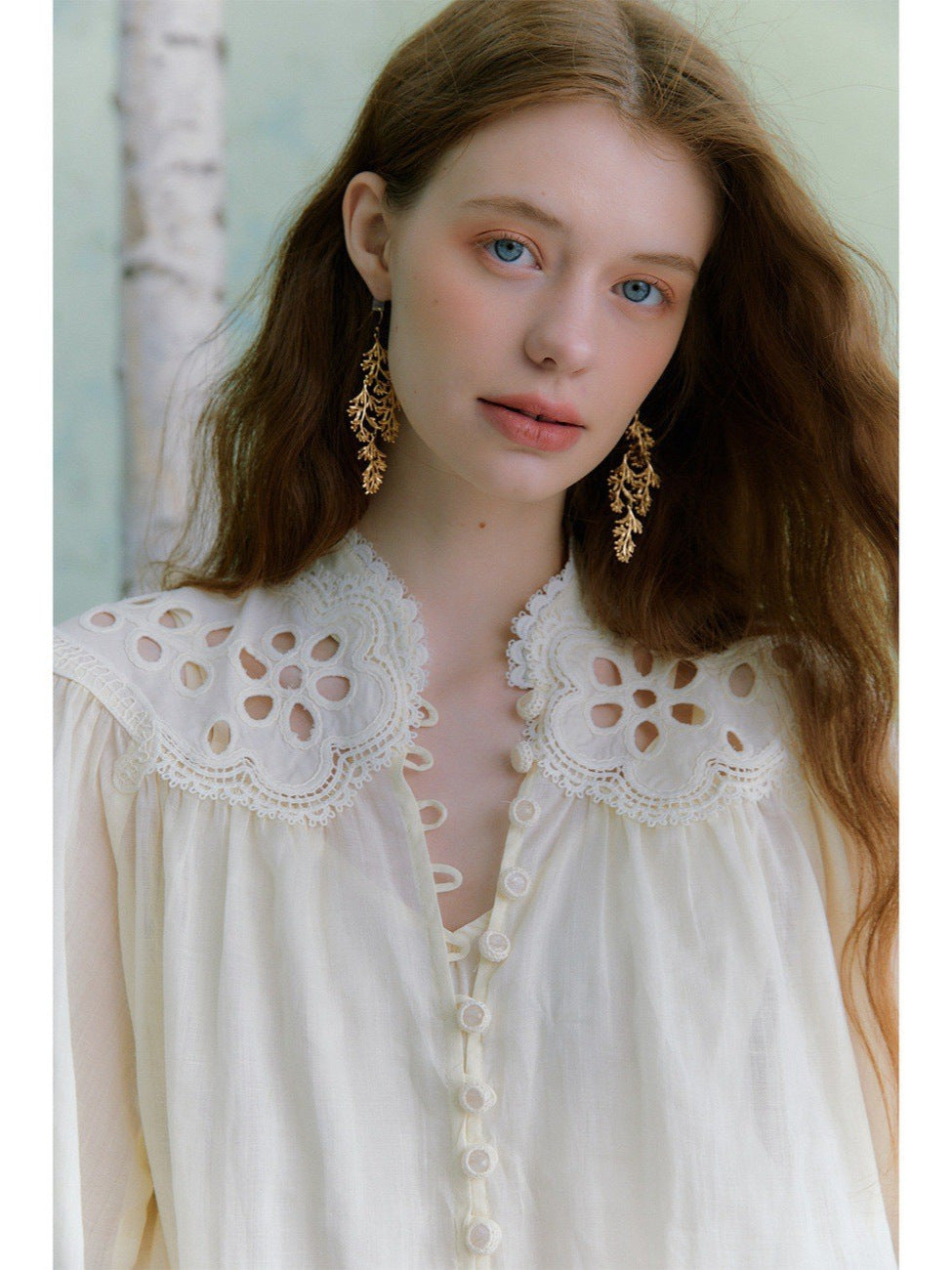 beige hollow embroidered lantern sleeve stand-collar ramie shirt