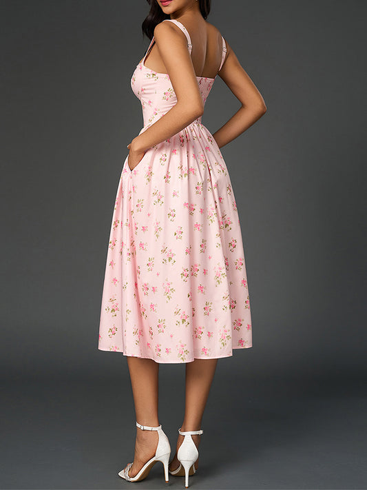 pink print high slit open back midi dress