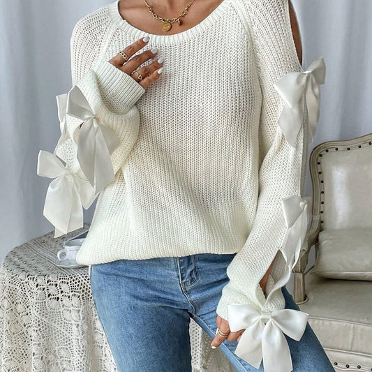 Cream Knit Cold Shoulder Sweater with Ribbon Bow Detail Premium Fabric - product view 2