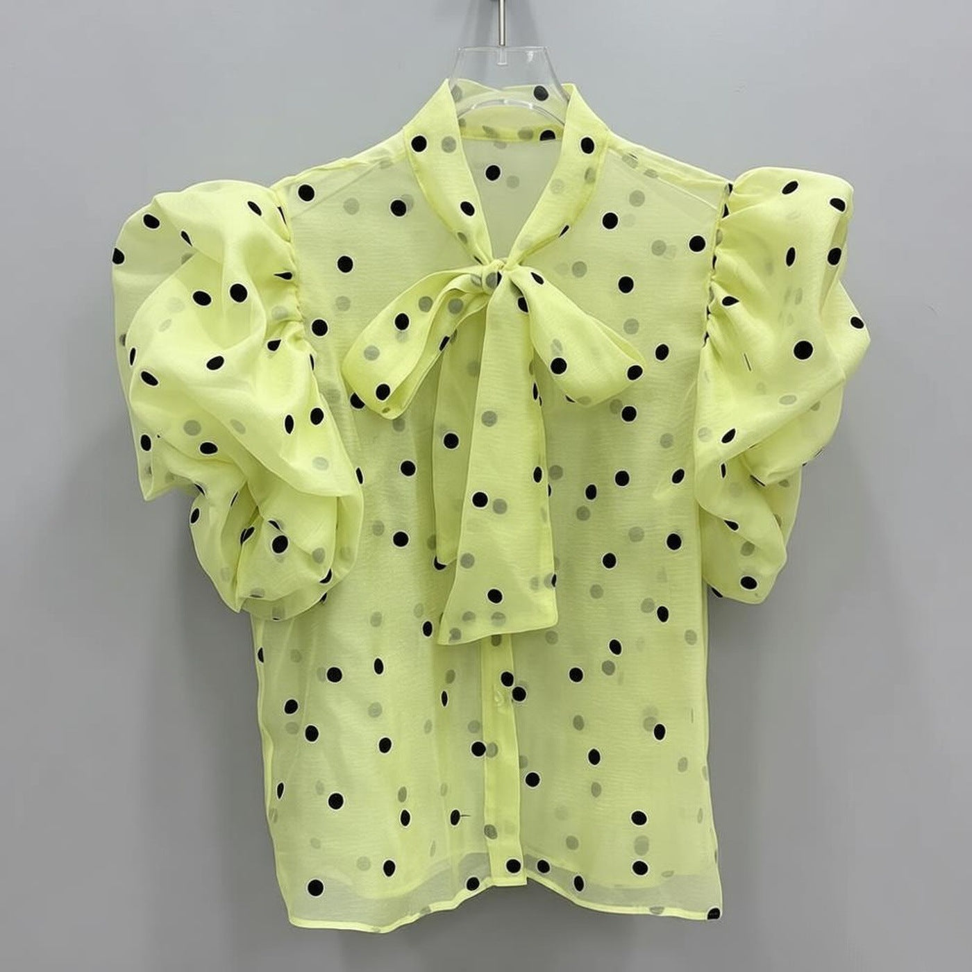 3D bow-tie puff sleeve polka dot sheer shirt
