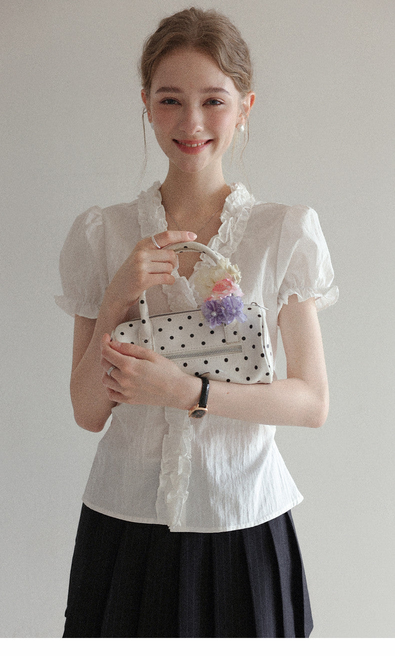 Puff sleeve ruffled V-neck short-sleeved shirt