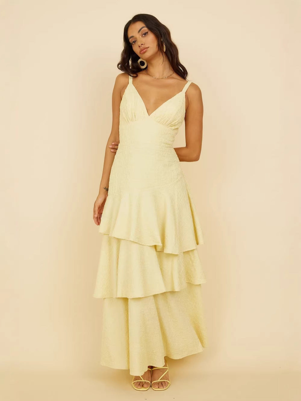 yellow suspender V-neck maxi dress