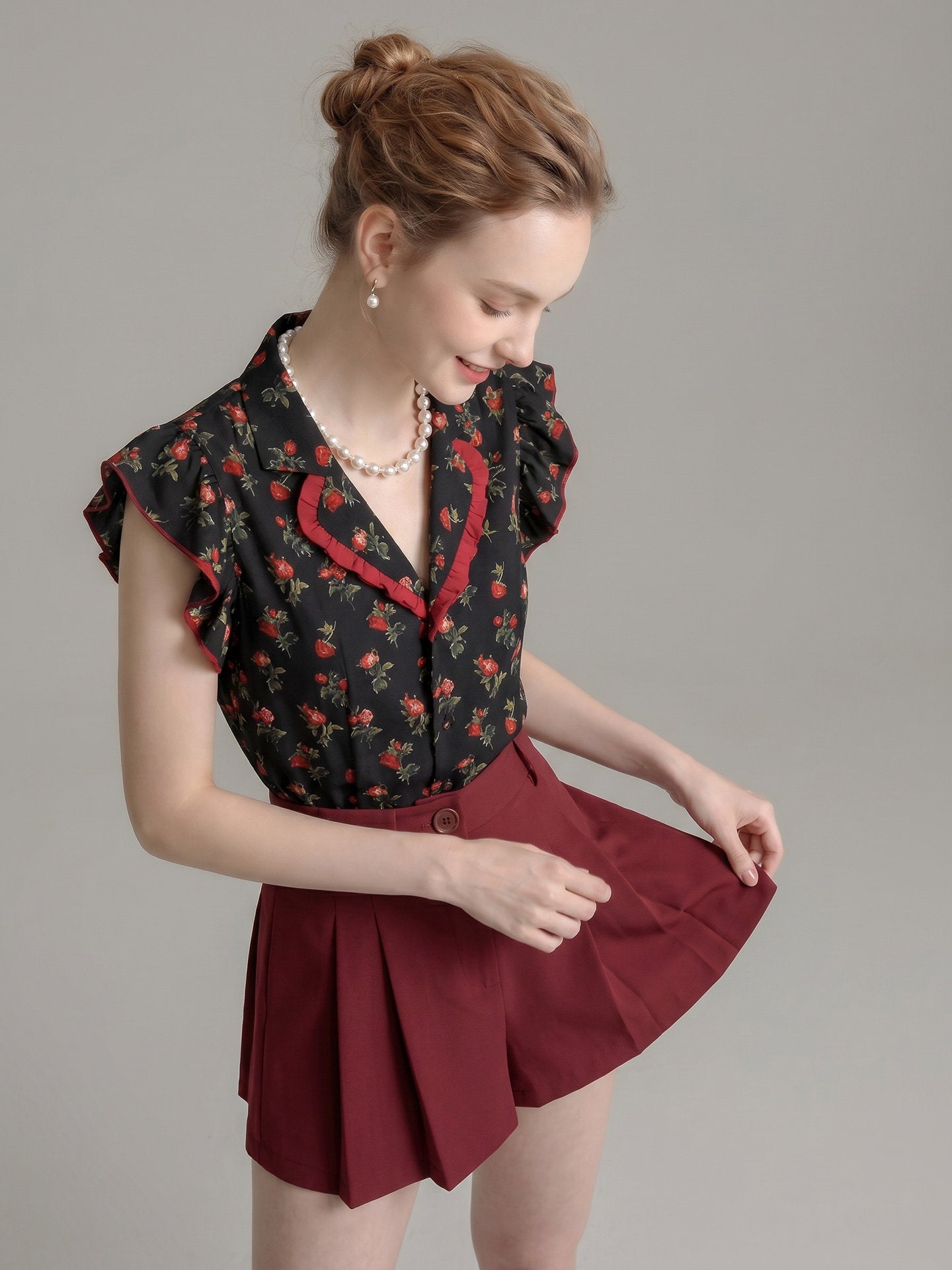 Red Rose Floral Ruffle Trim Sleeveless Shirt