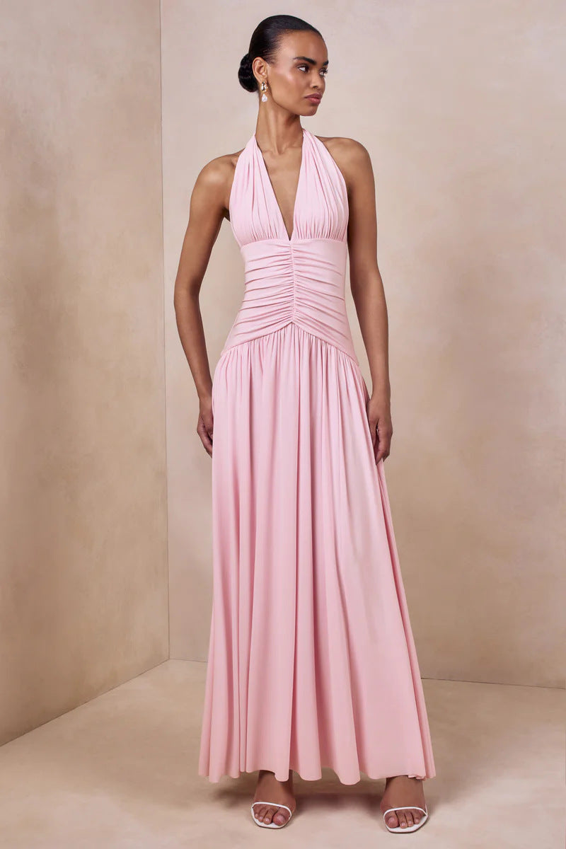 pink halterneck open back slip maxi dress