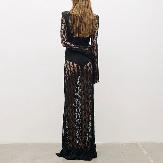 black lace long sleeve pleated mesh cutout deep V-neck dress
