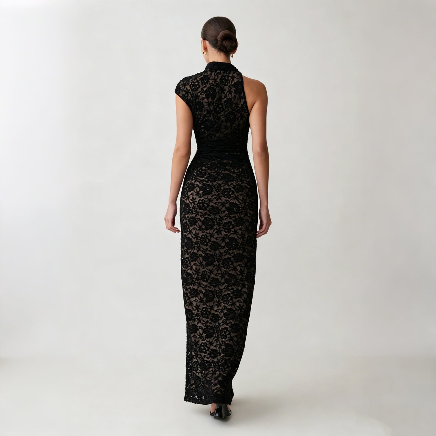 black lace slit cut-out waist dress