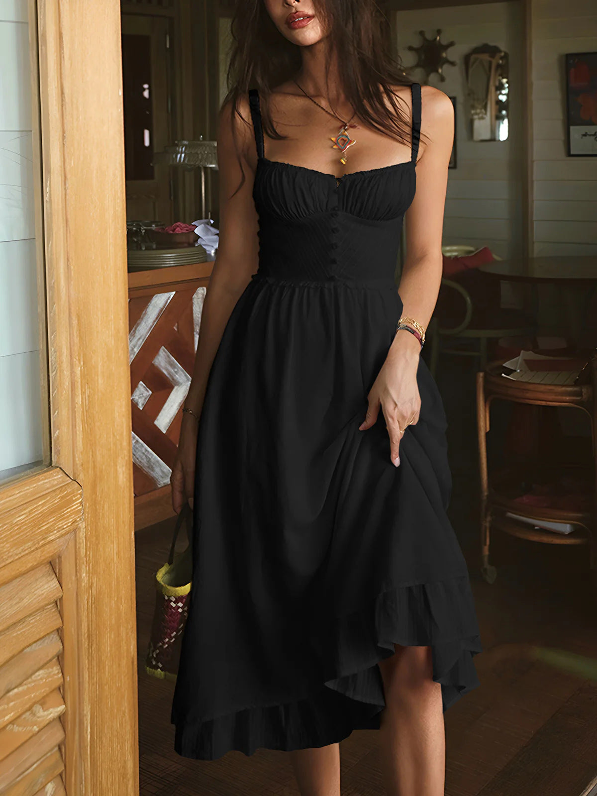 Ruched-strap button-front camisole midi dress