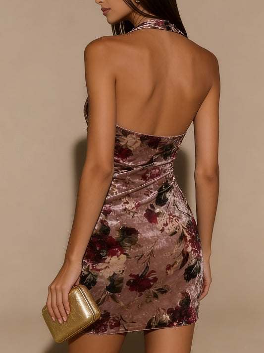 Retro velvet floral print pleated sleeveless halter mini dress