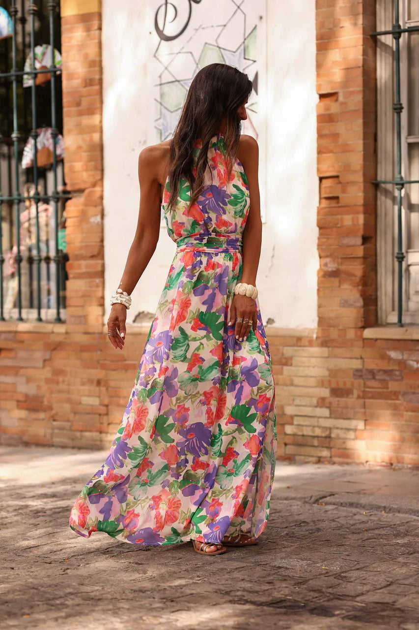 Printed Wrap-Style halter Ruched Maxi Dress - purple
