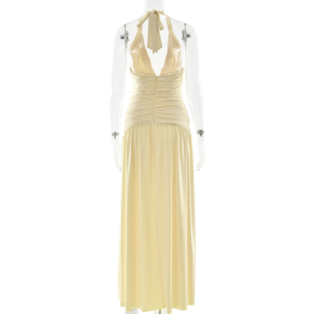 yellow halterneck slim back dress