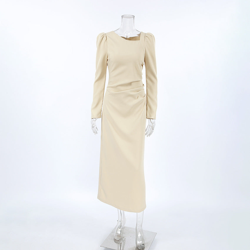 Irregular neckline puff sleeve bodycon slit dress
